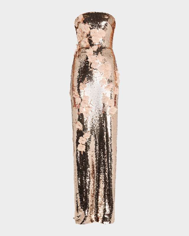 Strapless Flower Embroidered Sequin Column Gown